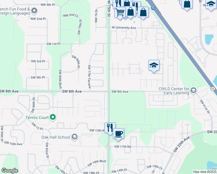 map of restaurants, bars, coffee shops, grocery stores, and more near 709 Southwest 75th Street in Gainesville