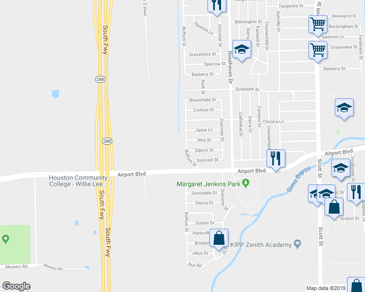 map of restaurants, bars, coffee shops, grocery stores, and more near 10418 Buffum Street in Houston