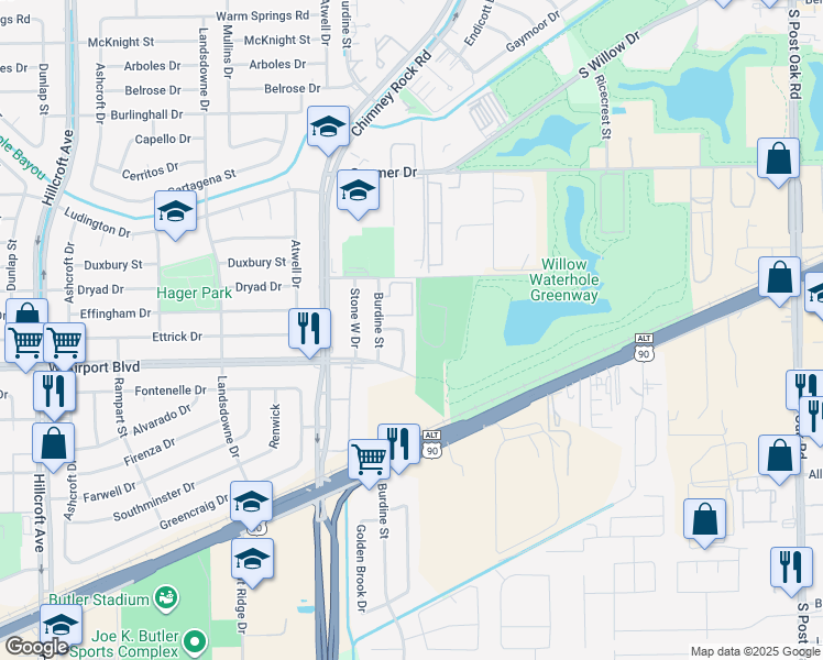 map of restaurants, bars, coffee shops, grocery stores, and more near 12119 Stone East Drive in Houston