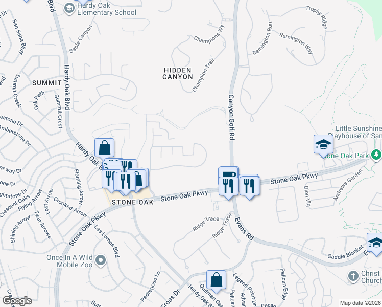 map of restaurants, bars, coffee shops, grocery stores, and more near 25410 Mesa Trail in San Antonio