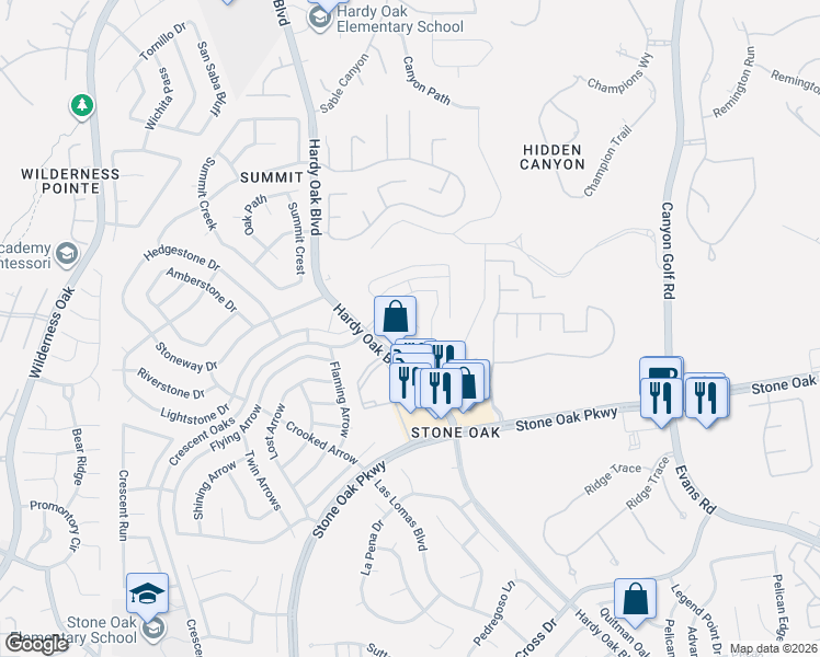 map of restaurants, bars, coffee shops, grocery stores, and more near 21935 Caprock Canyon in San Antonio
