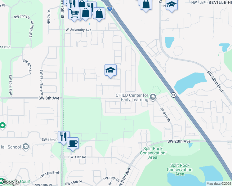map of restaurants, bars, coffee shops, grocery stores, and more near 630 Southwest 67th Terrace in Gainesville