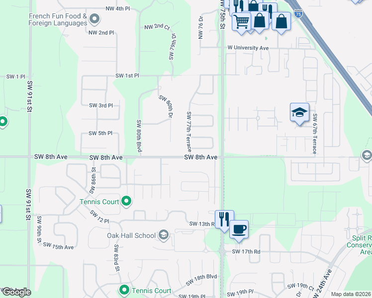 map of restaurants, bars, coffee shops, grocery stores, and more near 701 Southwest 77th Terrace in Gainesville