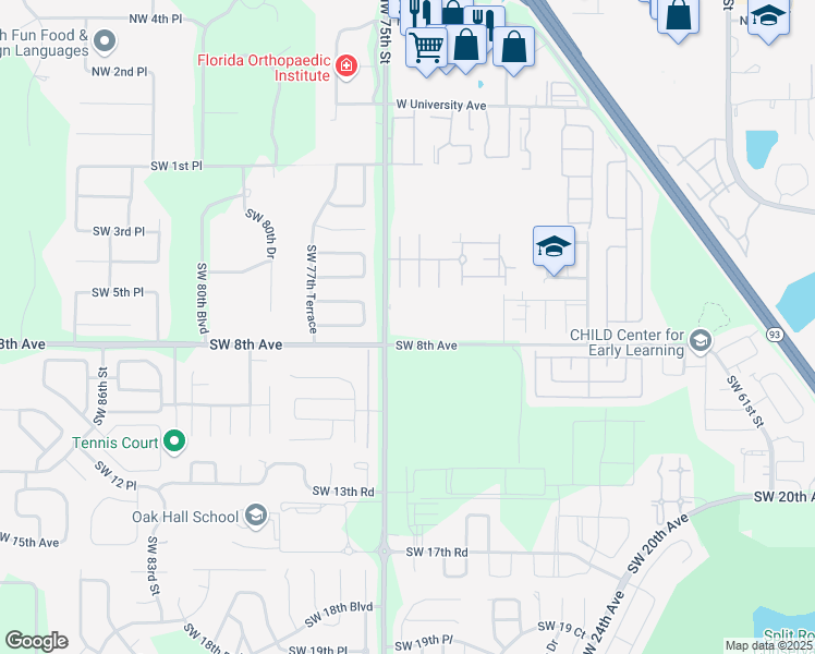 map of restaurants, bars, coffee shops, grocery stores, and more near 711 Southwest 75th Street in Gainesville