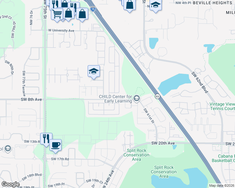 map of restaurants, bars, coffee shops, grocery stores, and more near 293 Bishop Drive in Gainesville