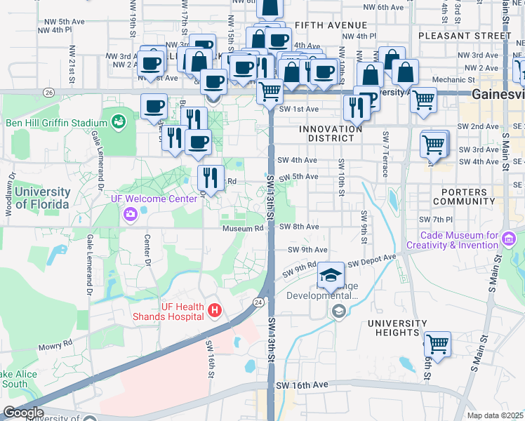 map of restaurants, bars, coffee shops, grocery stores, and more near 1310 Museum Road in Gainesville