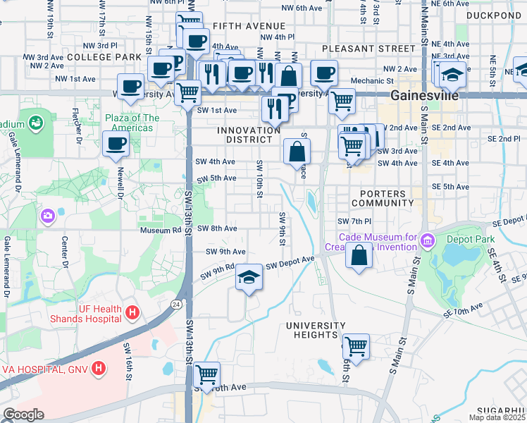 map of restaurants, bars, coffee shops, grocery stores, and more near 620 Southwest 10th Street in Gainesville