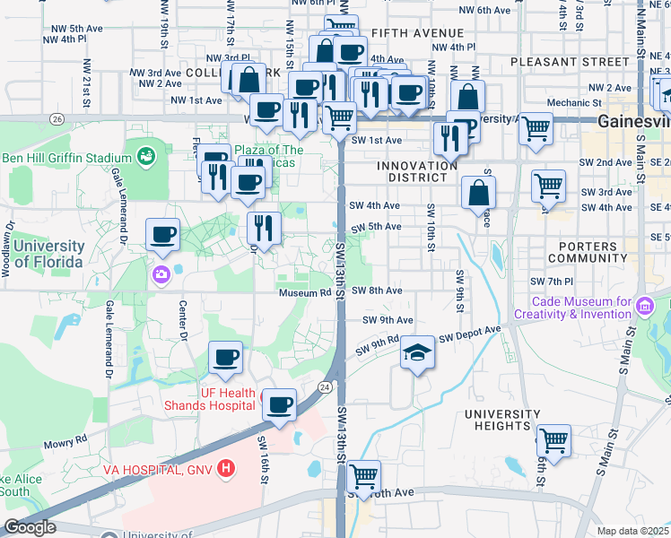 map of restaurants, bars, coffee shops, grocery stores, and more near 605 Southwest 13th Street in Gainesville