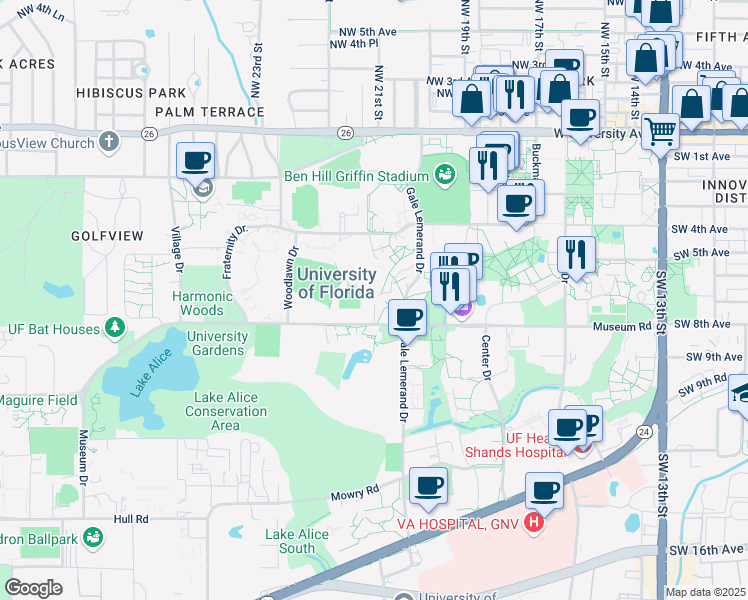 map of restaurants, bars, coffee shops, grocery stores, and more near 1793-1819 Gale Lemerand Drive in Gainesville