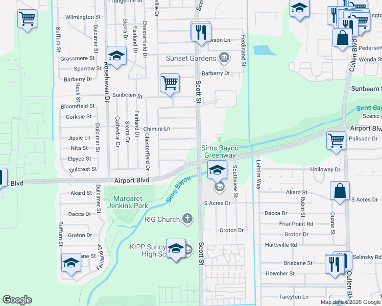 map of restaurants, bars, coffee shops, grocery stores, and more near 10500 Scott Street in Houston
