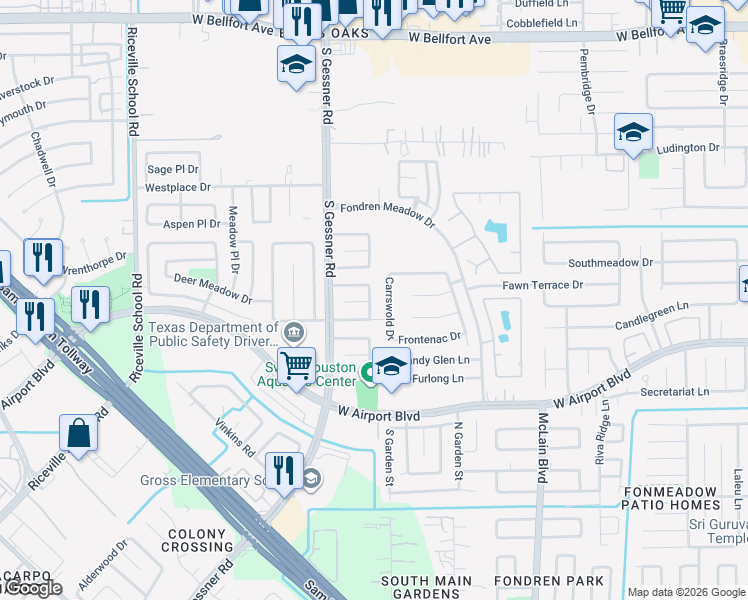 map of restaurants, bars, coffee shops, grocery stores, and more near 12115 Ripple Glen Drive in Houston
