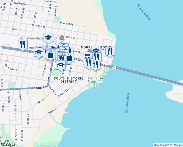 map of restaurants, bars, coffee shops, grocery stores, and more near 118 South 3rd Street in Palatka