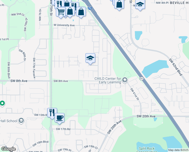 map of restaurants, bars, coffee shops, grocery stores, and more near 630 Southwest 67th Terrace in Gainesville