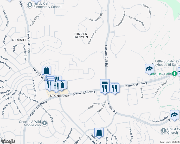 map of restaurants, bars, coffee shops, grocery stores, and more near 25410 Mesa Trail in San Antonio