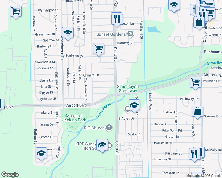 map of restaurants, bars, coffee shops, grocery stores, and more near 10500 Scott Street in Houston