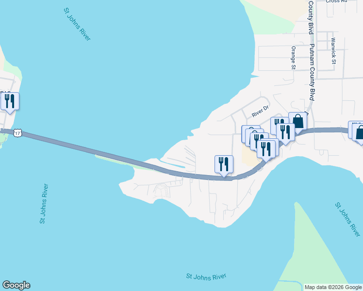 map of restaurants, bars, coffee shops, grocery stores, and more near 119 Sunset Point Road in East Palatka