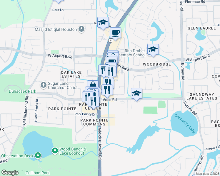map of restaurants, bars, coffee shops, grocery stores, and more near 11677 South Texas 6 in Sugar Land