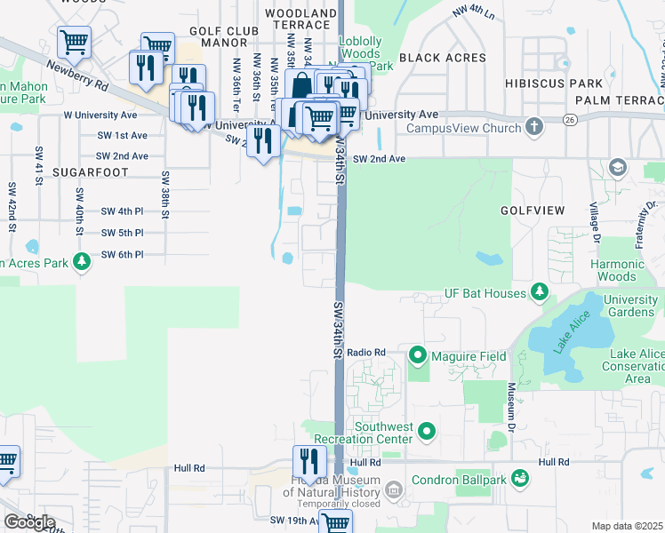 map of restaurants, bars, coffee shops, grocery stores, and more near 720 Southwest 34th Street in Gainesville