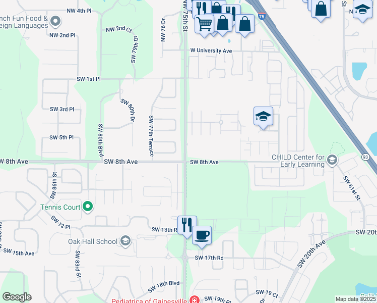 map of restaurants, bars, coffee shops, grocery stores, and more near 709 Southwest 75th Street in Gainesville