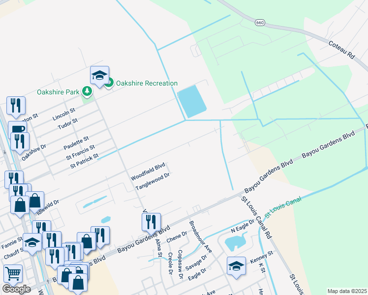 map of restaurants, bars, coffee shops, grocery stores, and more near 442 Idlewild Drive in Houma
