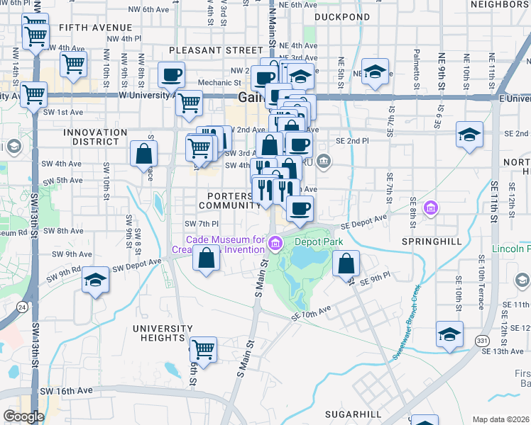 map of restaurants, bars, coffee shops, grocery stores, and more near 21 Southwest 6th Avenue in Gainesville