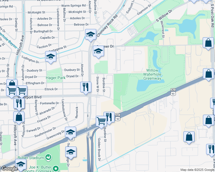 map of restaurants, bars, coffee shops, grocery stores, and more near 12119 Stone East Drive in Houston