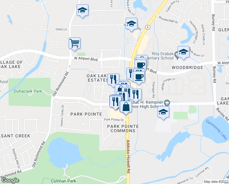 map of restaurants, bars, coffee shops, grocery stores, and more near 15270 Voss Road in Sugar Land