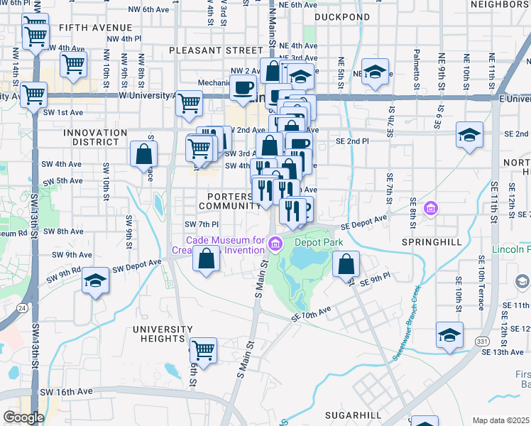 map of restaurants, bars, coffee shops, grocery stores, and more near 21 Southwest 6th Avenue in Gainesville