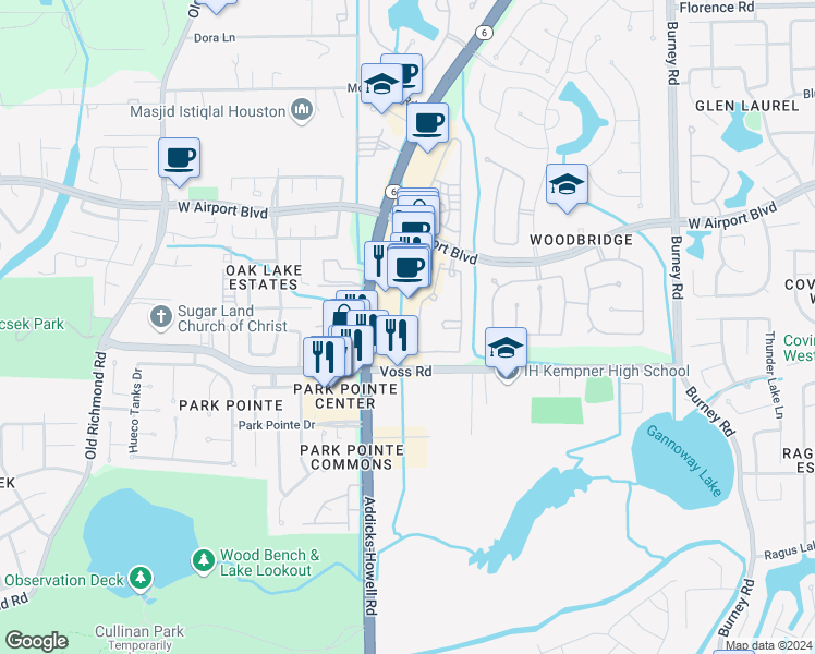 map of restaurants, bars, coffee shops, grocery stores, and more near 11707 South Texas 6 in Sugar Land