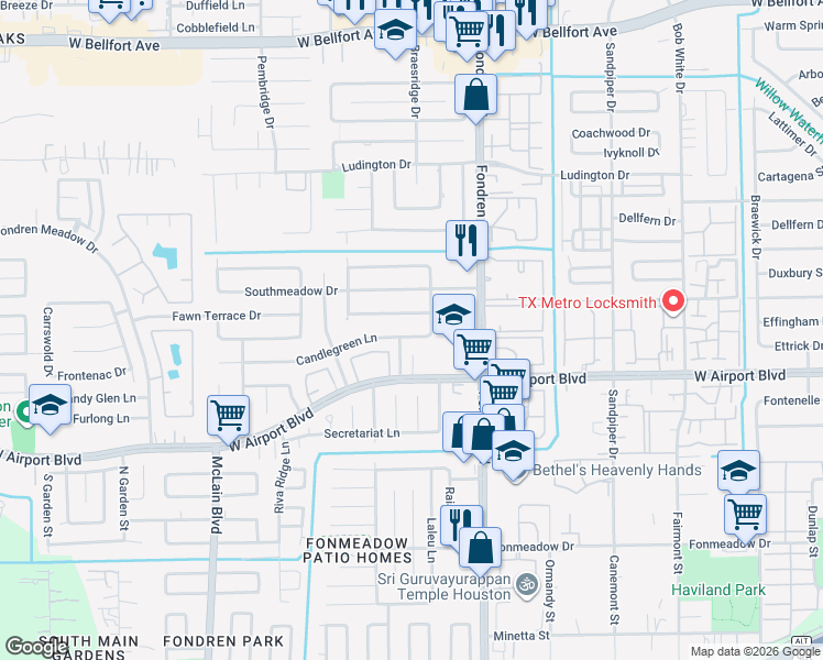 map of restaurants, bars, coffee shops, grocery stores, and more near 7622 Candle Green Lane in Houston
