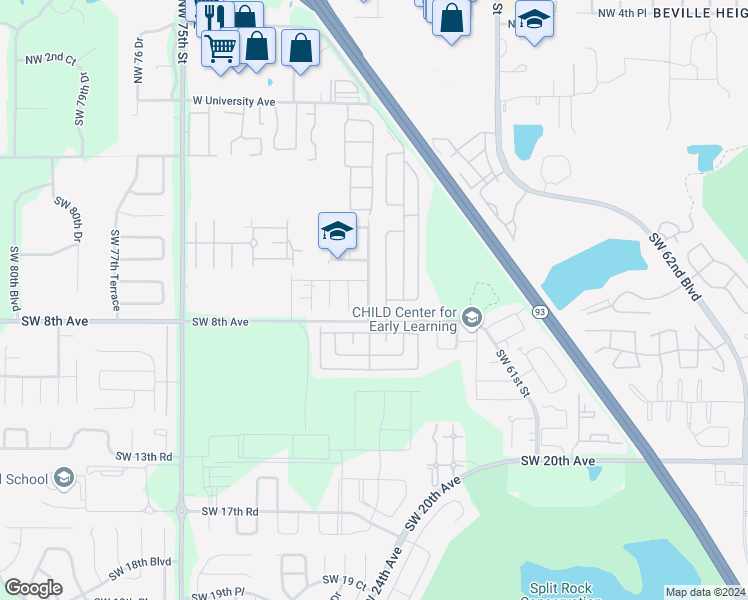 map of restaurants, bars, coffee shops, grocery stores, and more near 630 Southwest 67th Terrace in Gainesville