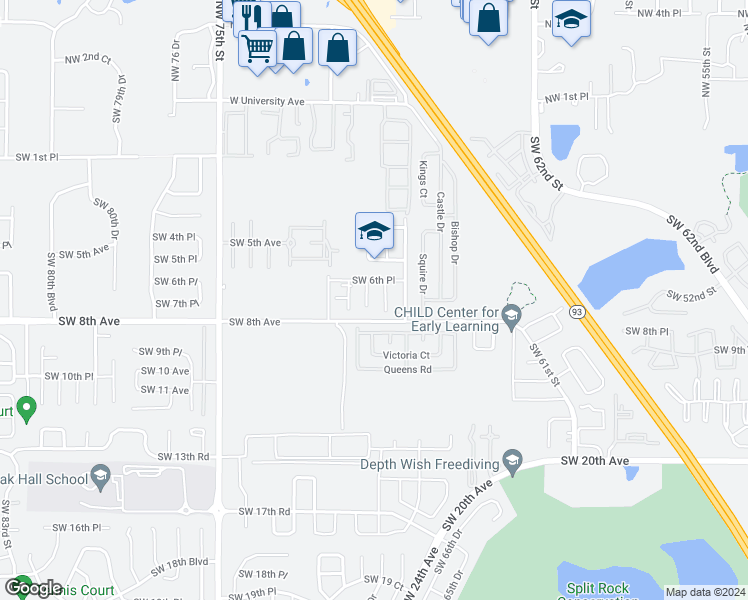 map of restaurants, bars, coffee shops, grocery stores, and more near 703 Southwest 69th Street in Gainesville