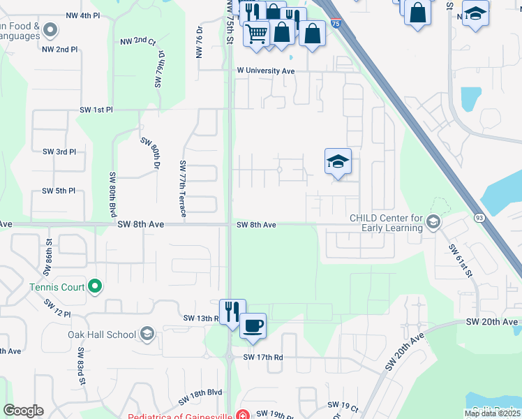 map of restaurants, bars, coffee shops, grocery stores, and more near 715 Southwest 75th Street in Gainesville