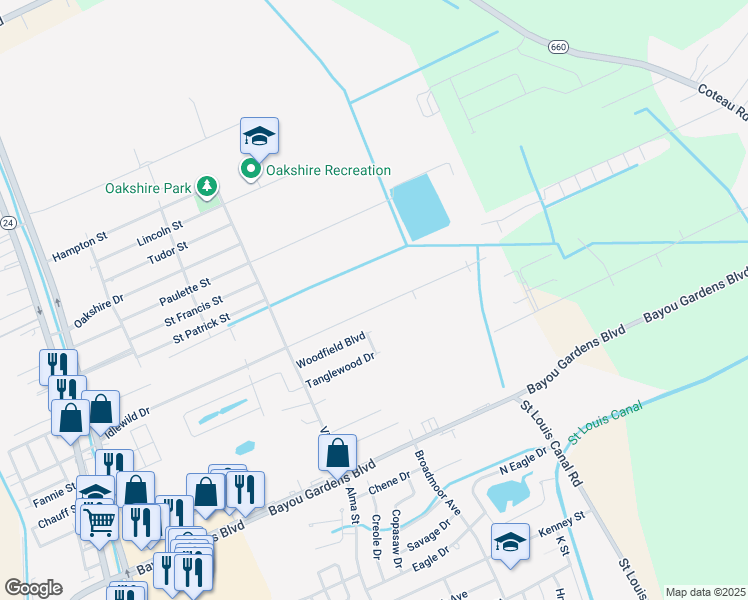 map of restaurants, bars, coffee shops, grocery stores, and more near 401-549 Idlewild Drive in Houma