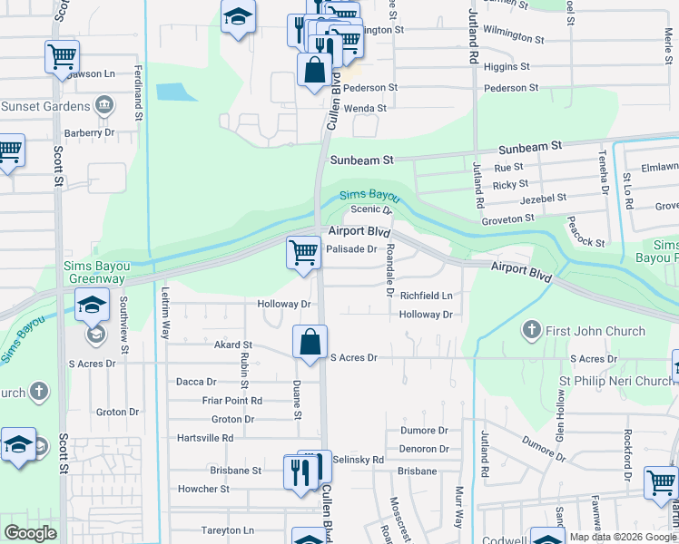 map of restaurants, bars, coffee shops, grocery stores, and more near 4722 Meadow Park Drive in Houston