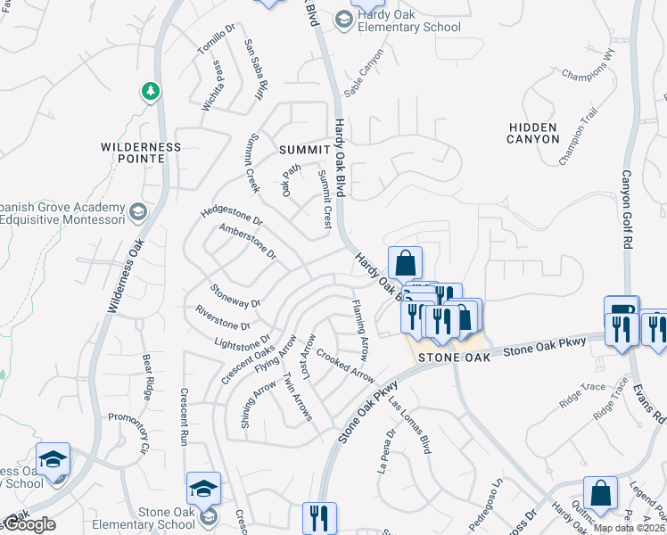 map of restaurants, bars, coffee shops, grocery stores, and more near 25003 Stepstone Drive in San Antonio