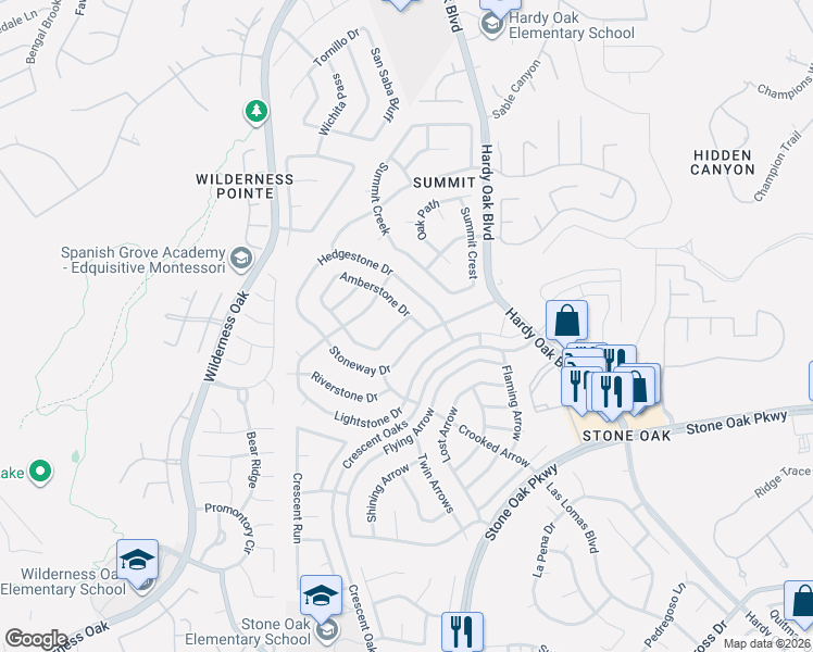 map of restaurants, bars, coffee shops, grocery stores, and more near 1222 Amberstone Drive in San Antonio