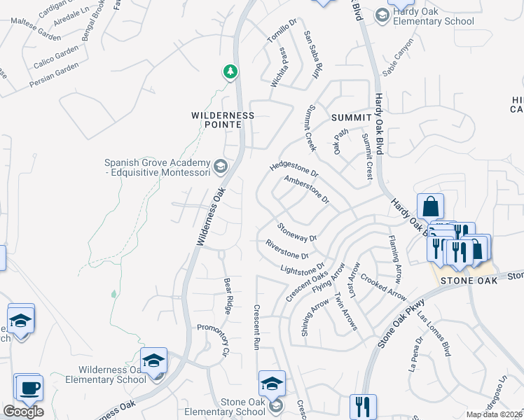 map of restaurants, bars, coffee shops, grocery stores, and more near 914 Hedgestone Drive in San Antonio