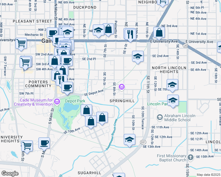 map of restaurants, bars, coffee shops, grocery stores, and more near 726 Southeast 7th Avenue in Gainesville