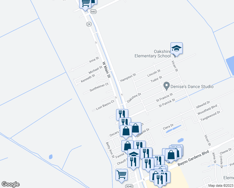 map of restaurants, bars, coffee shops, grocery stores, and more near 5493 West Main Street in Houma