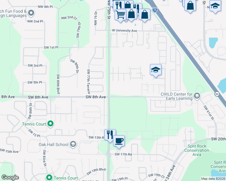 map of restaurants, bars, coffee shops, grocery stores, and more near 703 Southwest 75th Street in Gainesville