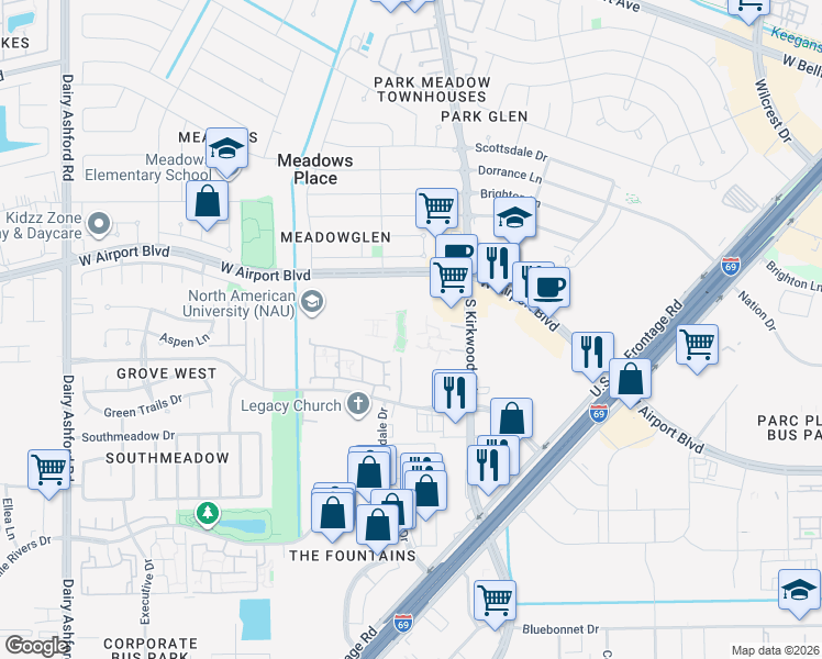 map of restaurants, bars, coffee shops, grocery stores, and more near 12250 South Kirkwood Road in Stafford