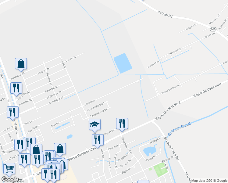 map of restaurants, bars, coffee shops, grocery stores, and more near 439 Idlewild Drive in Houma