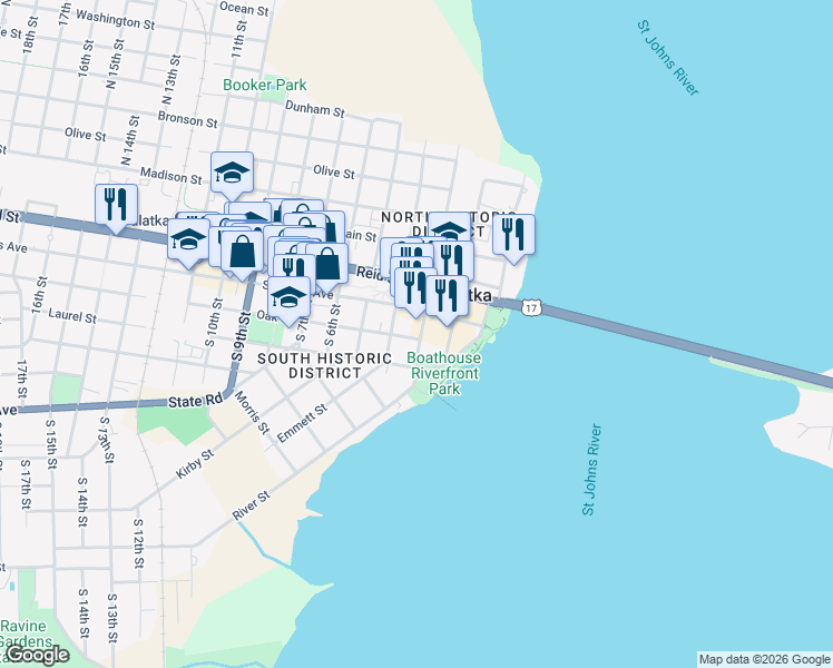 map of restaurants, bars, coffee shops, grocery stores, and more near 118 South 3rd Street in Palatka