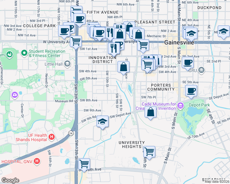 map of restaurants, bars, coffee shops, grocery stores, and more near 629a Southwest 9th Street in Gainesville