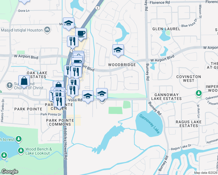 map of restaurants, bars, coffee shops, grocery stores, and more near 11535 Valley Pike Court in Sugar Land