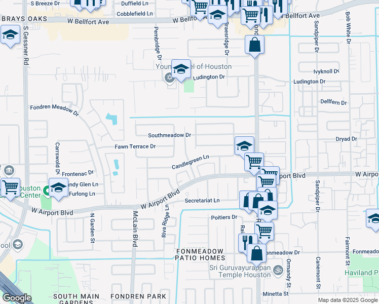 map of restaurants, bars, coffee shops, grocery stores, and more near 12127 Fairmeadow Drive in Houston