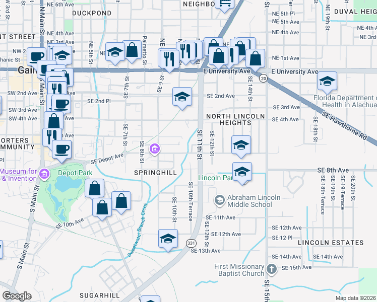 map of restaurants, bars, coffee shops, grocery stores, and more near 616 Southeast 10th Terrace in Gainesville