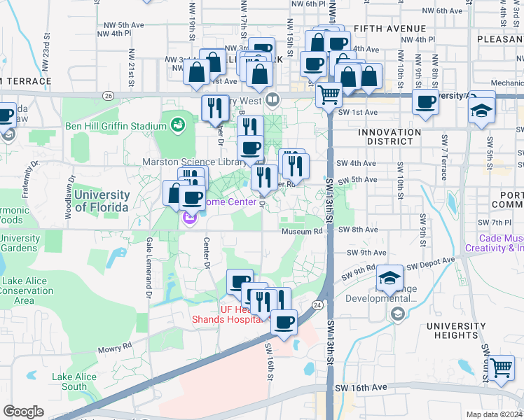 map of restaurants, bars, coffee shops, grocery stores, and more near Newell Drive in Gainesville