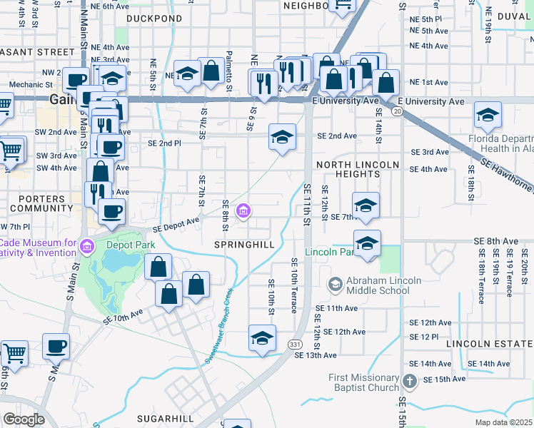 map of restaurants, bars, coffee shops, grocery stores, and more near 934 Southeast 7th Avenue in Gainesville